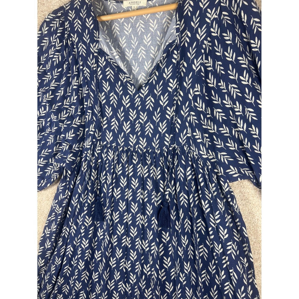 Womans Navy Blue Leaf Print V-Neck Balloon Sleeve Dress Small NWT Boho Peasant - Picture 2 of 7